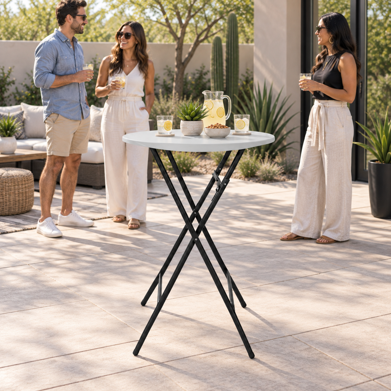 33-inch bar-height cocktail table in use at a daytime Arizona patio gathering
