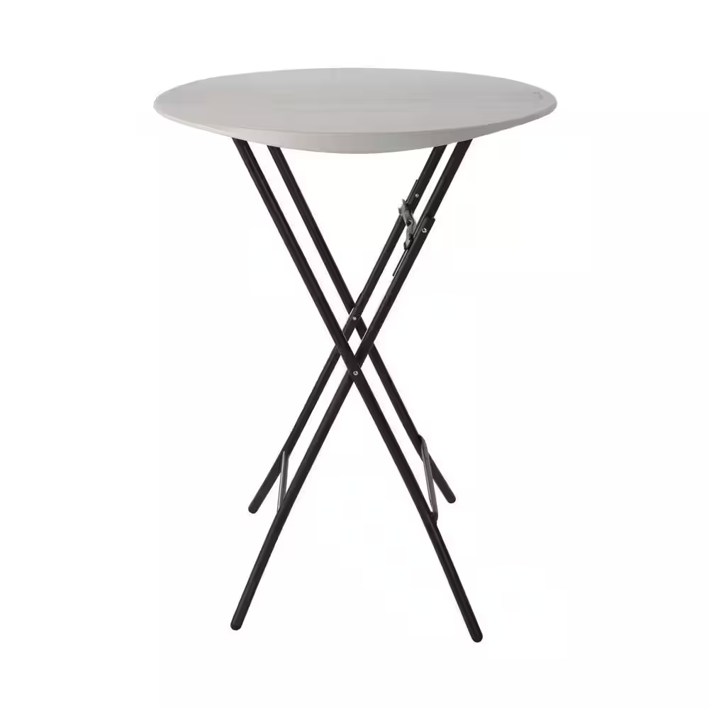 White round 33-inch bar-height cocktail table with a black folding metal frame