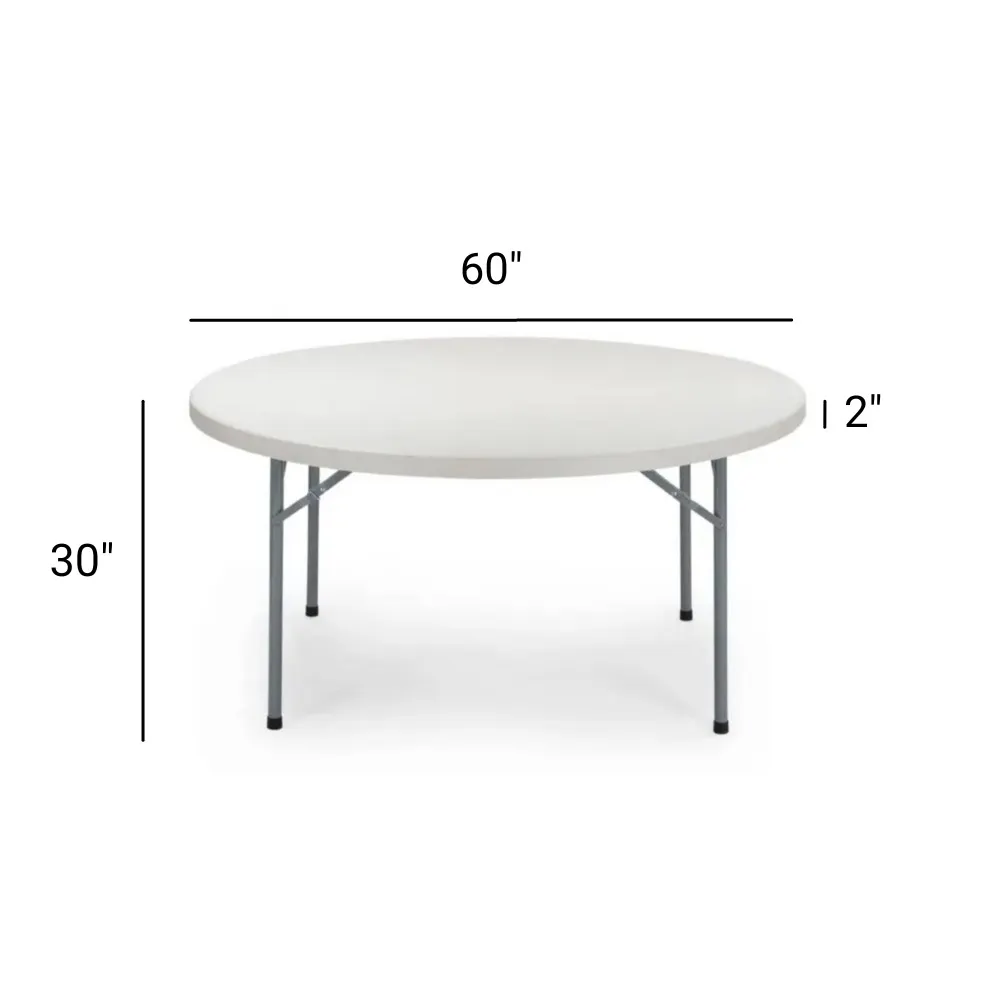 60-inch round event table dimensions: 60 inches wide, 30 inches high, and 2 inches thick