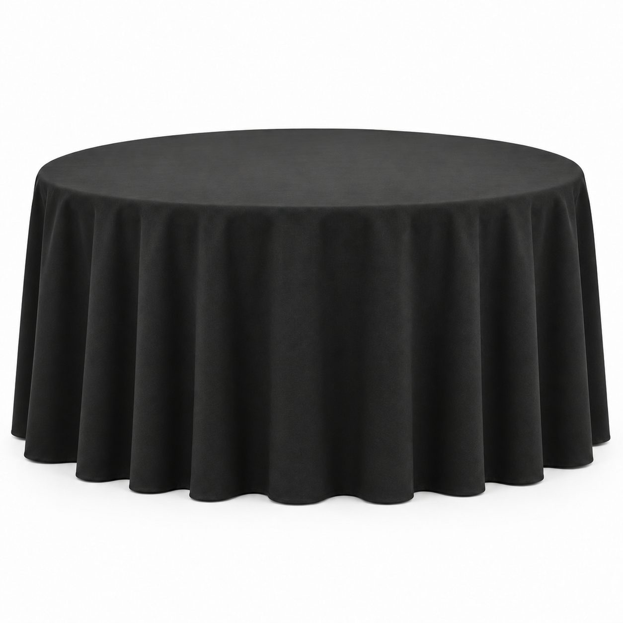 60-inch round table dressed with a black 120-inch floor-length linen that touches the ground and conceals the table legs