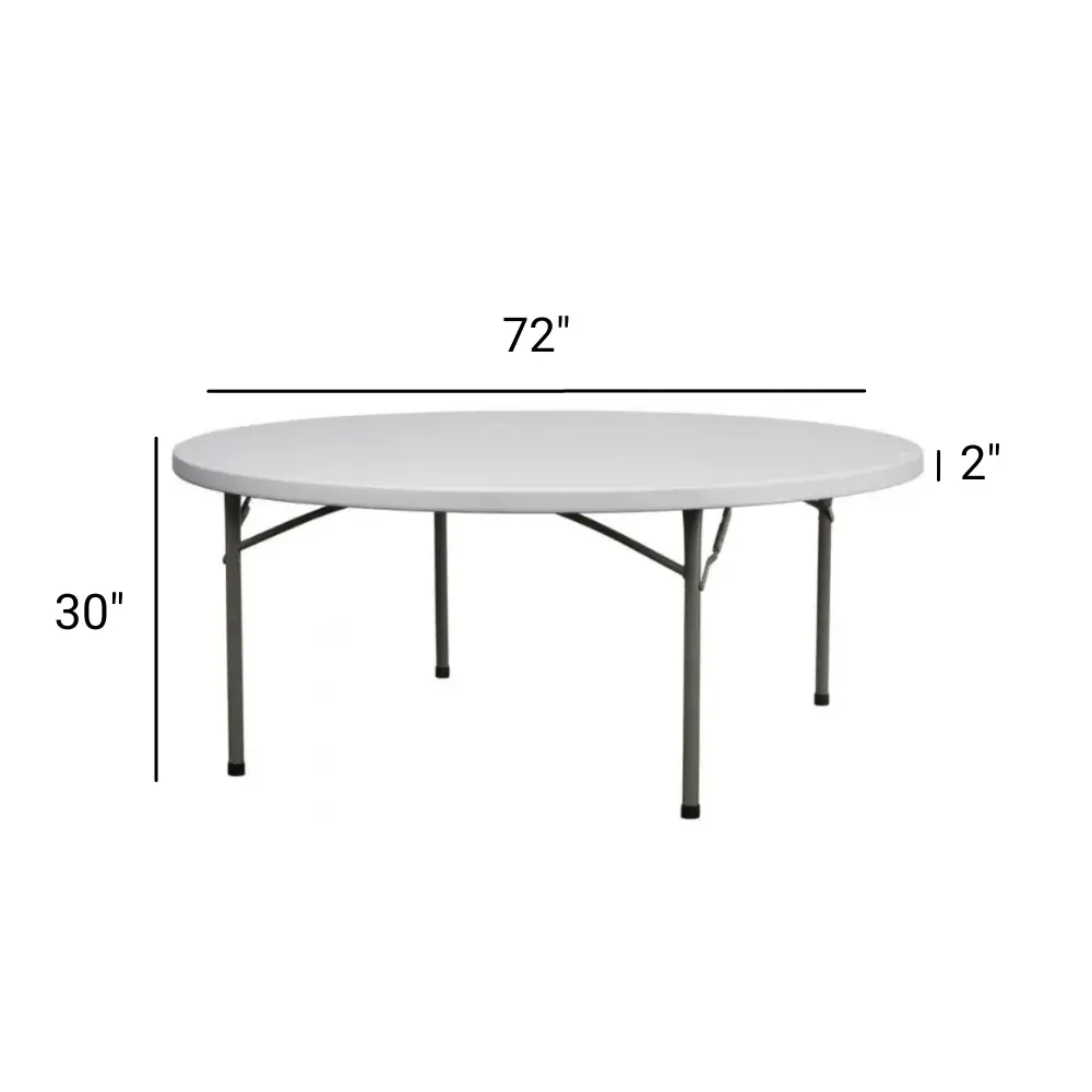 72-inch round event table dimensions: 72 inches wide, 30 inches high, and 2 inches thick