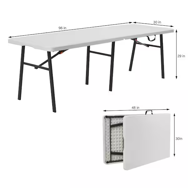 8-foot rectangular folding table dimensions: 96 inches long, 30 inches wide, and 29 inches high