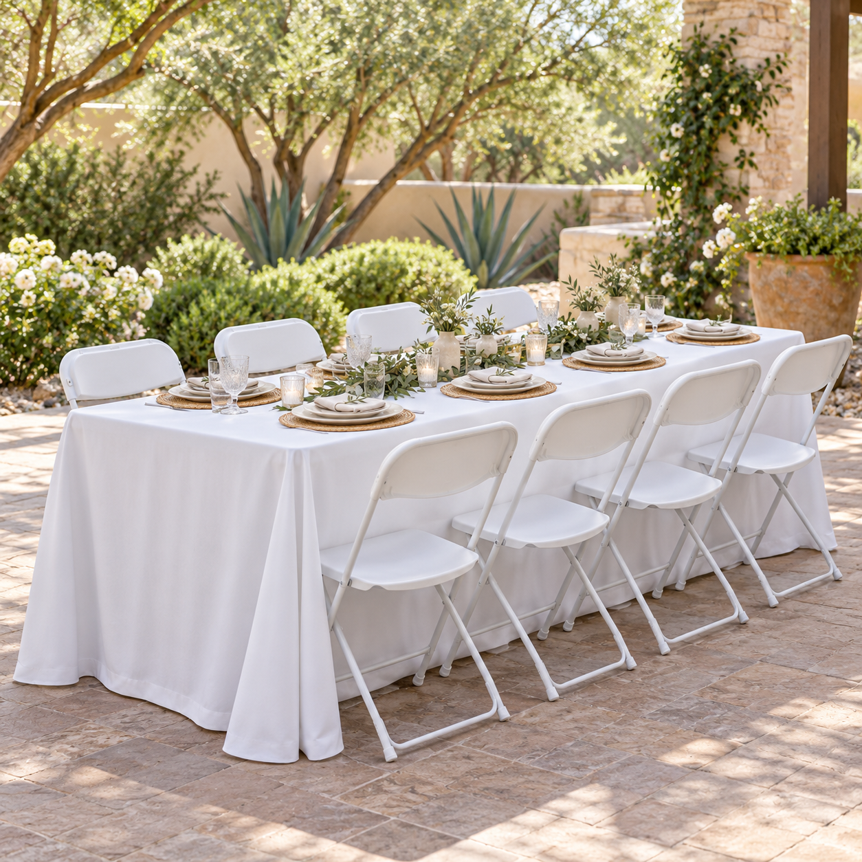 8-foot rectangular table with a white floor-length linen and EventRent AZ white folding chairs at an Arizona daytime event