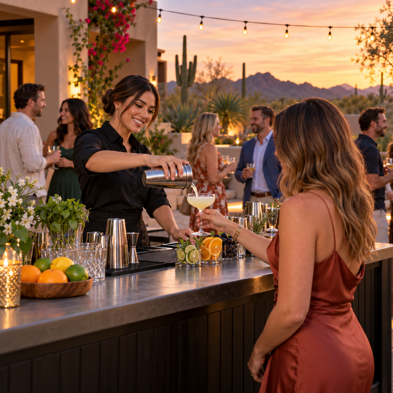 Professional bartender pouring a drink at an upscale Arizona backyard party