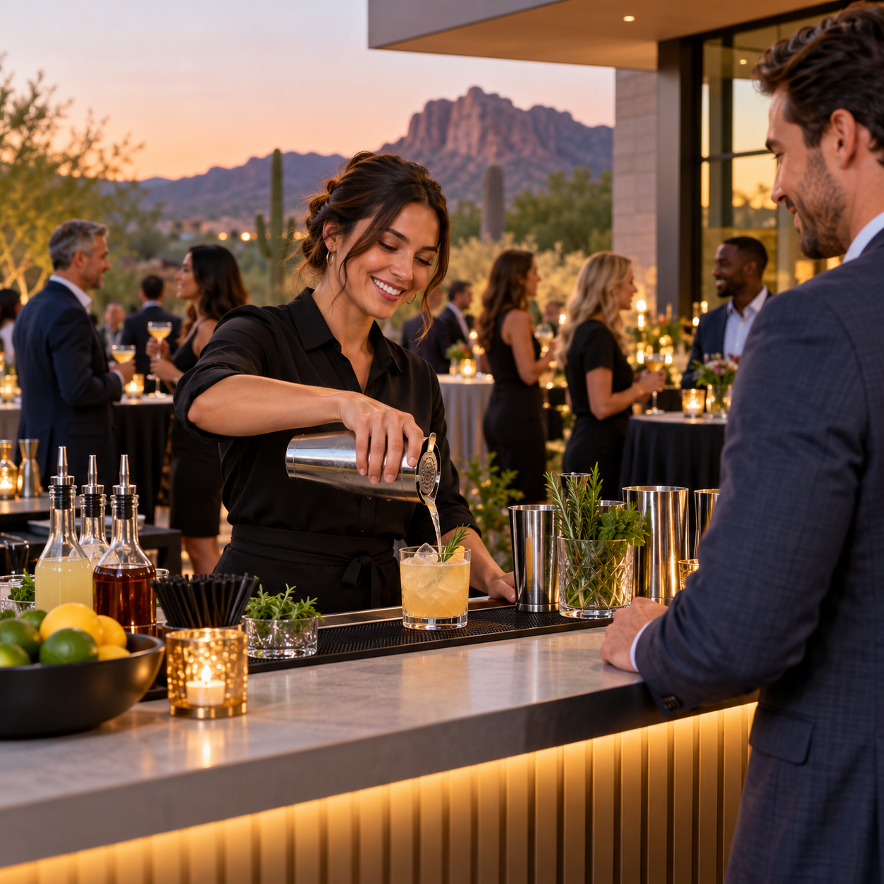 Professional bartender serving a guest at an Arizona corporate reception