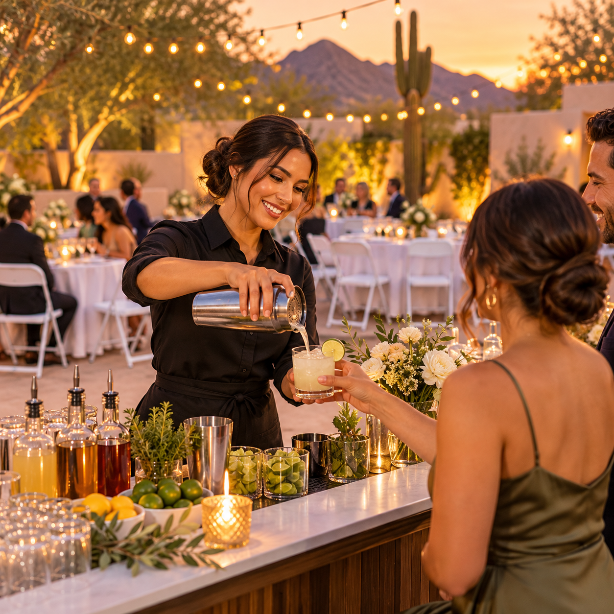 Professional bartender pouring a drink at an Arizona outdoor wedding with EventRent AZ white folding chairs in the background