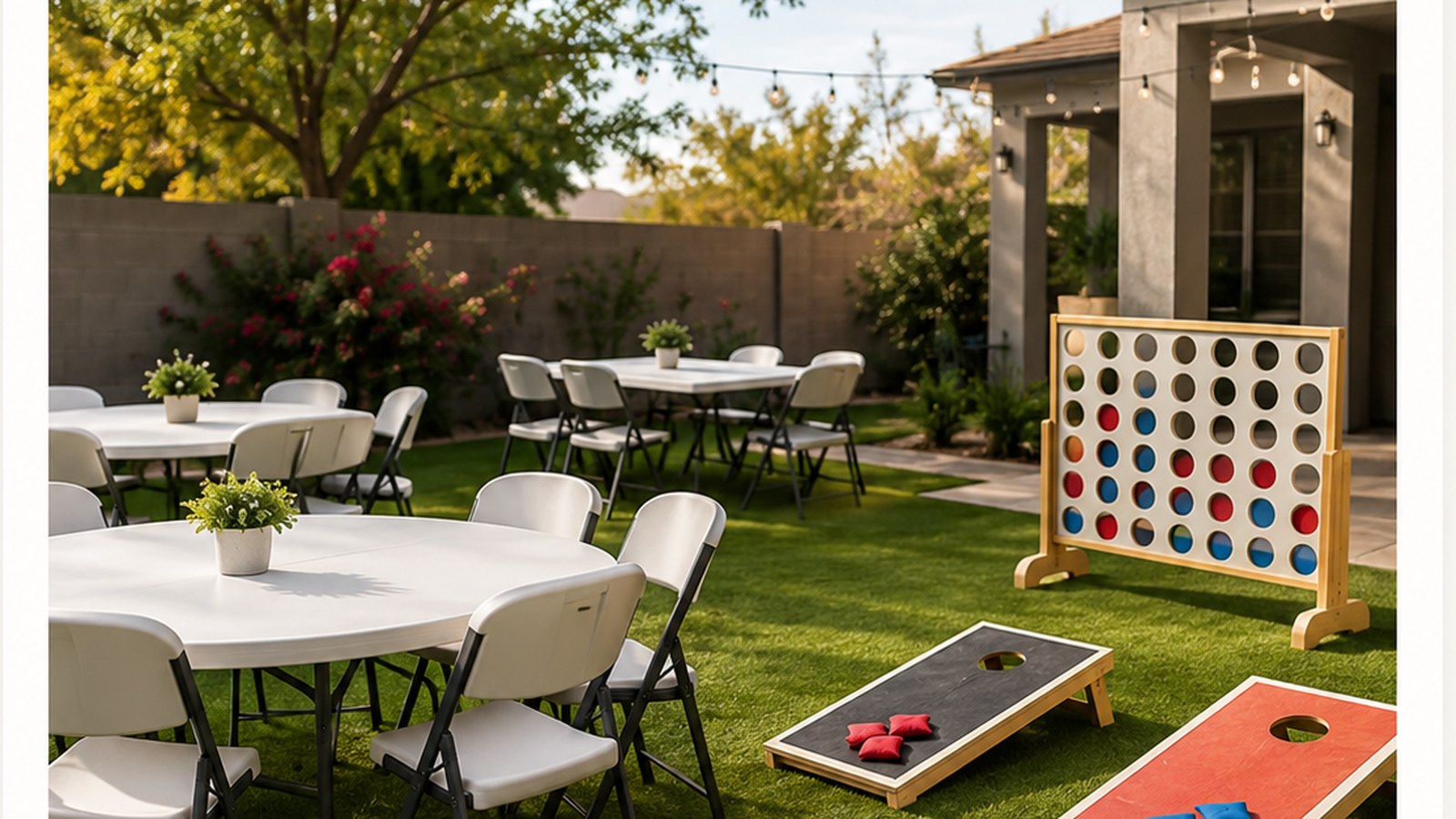 Mesa backyard party rental setup with tables, white folding chairs, cornhole boards, and giant Connect 4