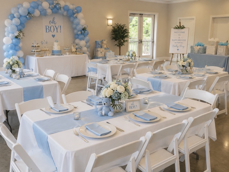 Boy baby shower setup with rectangular tables, white folding chairs, blue linens, balloons, and centerpieces