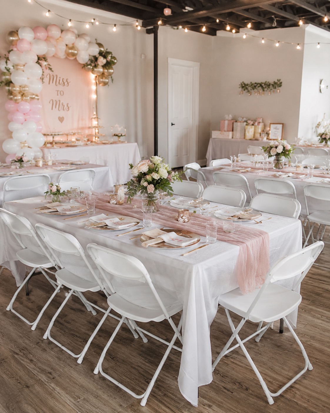 Bridal shower tables and white folding chairs with pink linens, floral centerpieces, balloon decor, and string lights