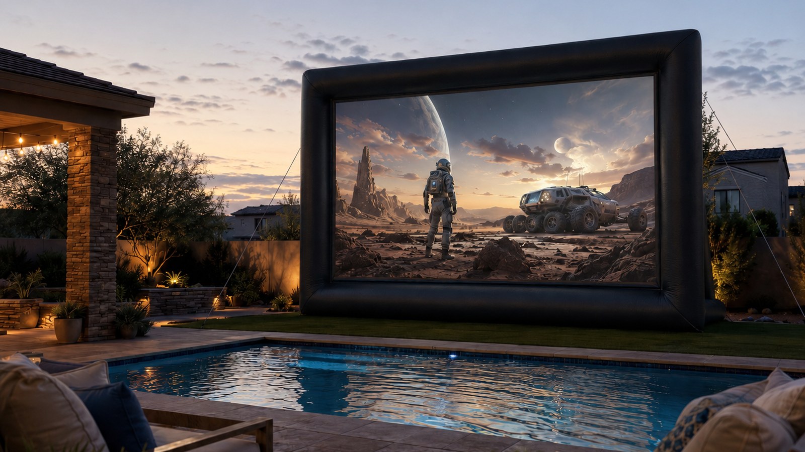 Backyard movie night rental setup with a 24 foot inflatable screen, projector, speakers, and poolside seating