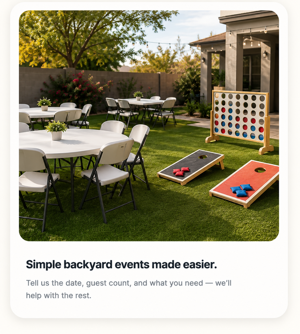 Backyard party rental setup with tables, folding chairs, cornhole, and giant connect 4