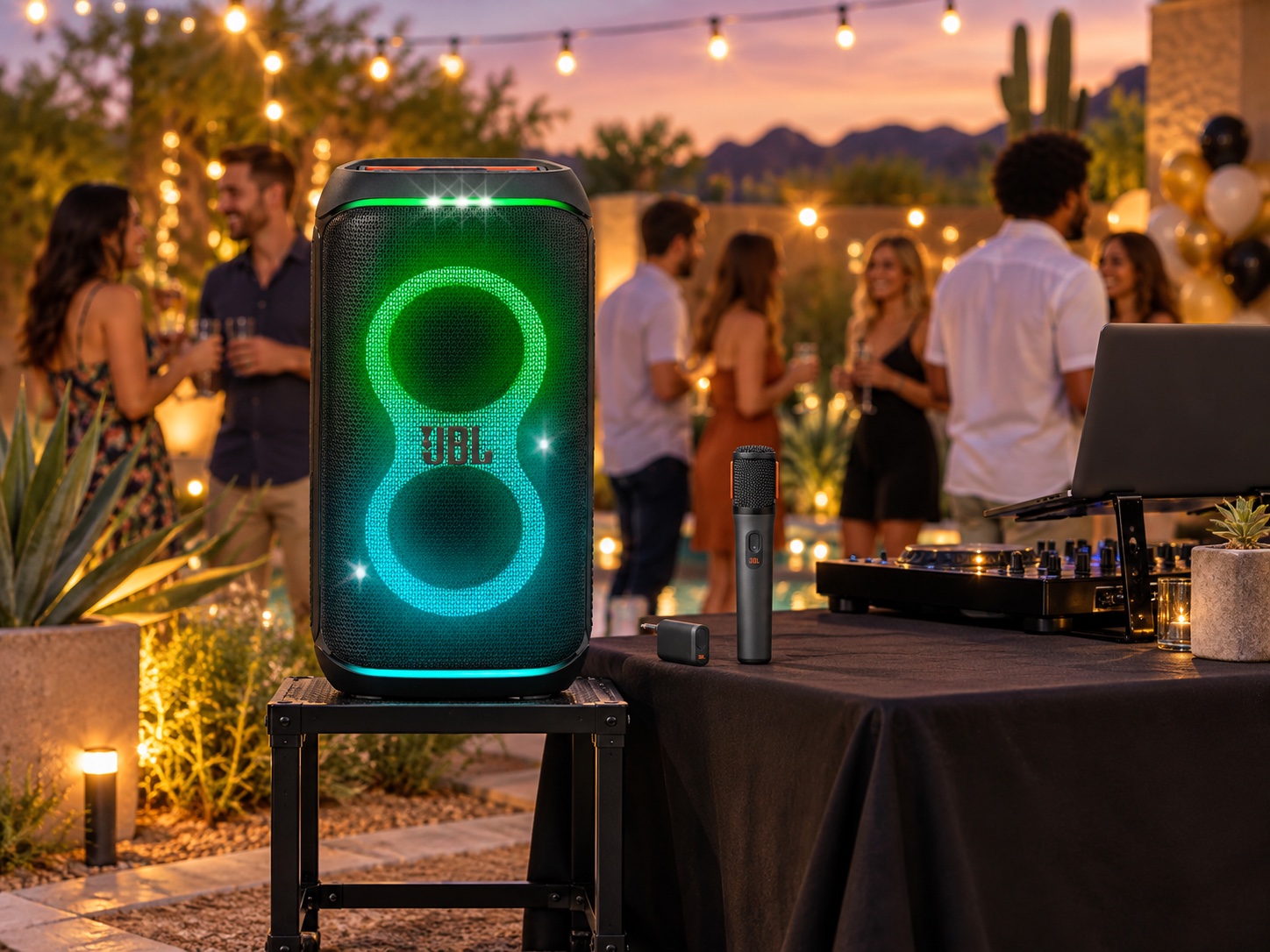 Illuminated party speaker and wireless microphone beside a DJ table at an Arizona backyard party