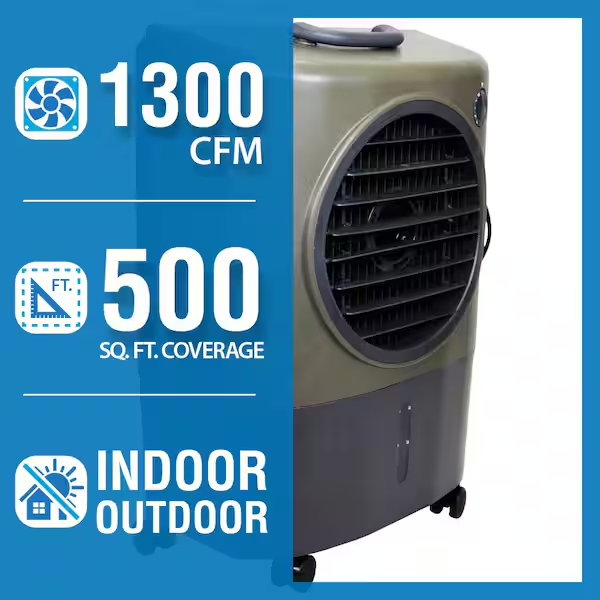 Portable evaporative cooler specifications showing 1300 CFM airflow, 500 square feet of coverage, and indoor or outdoor use