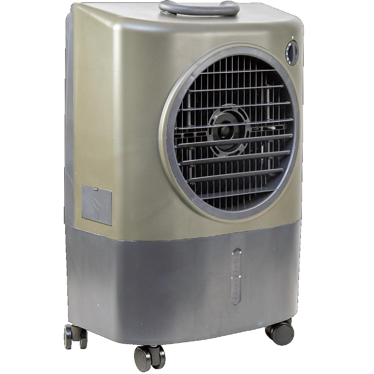 Portable evaporative cooler on caster wheels