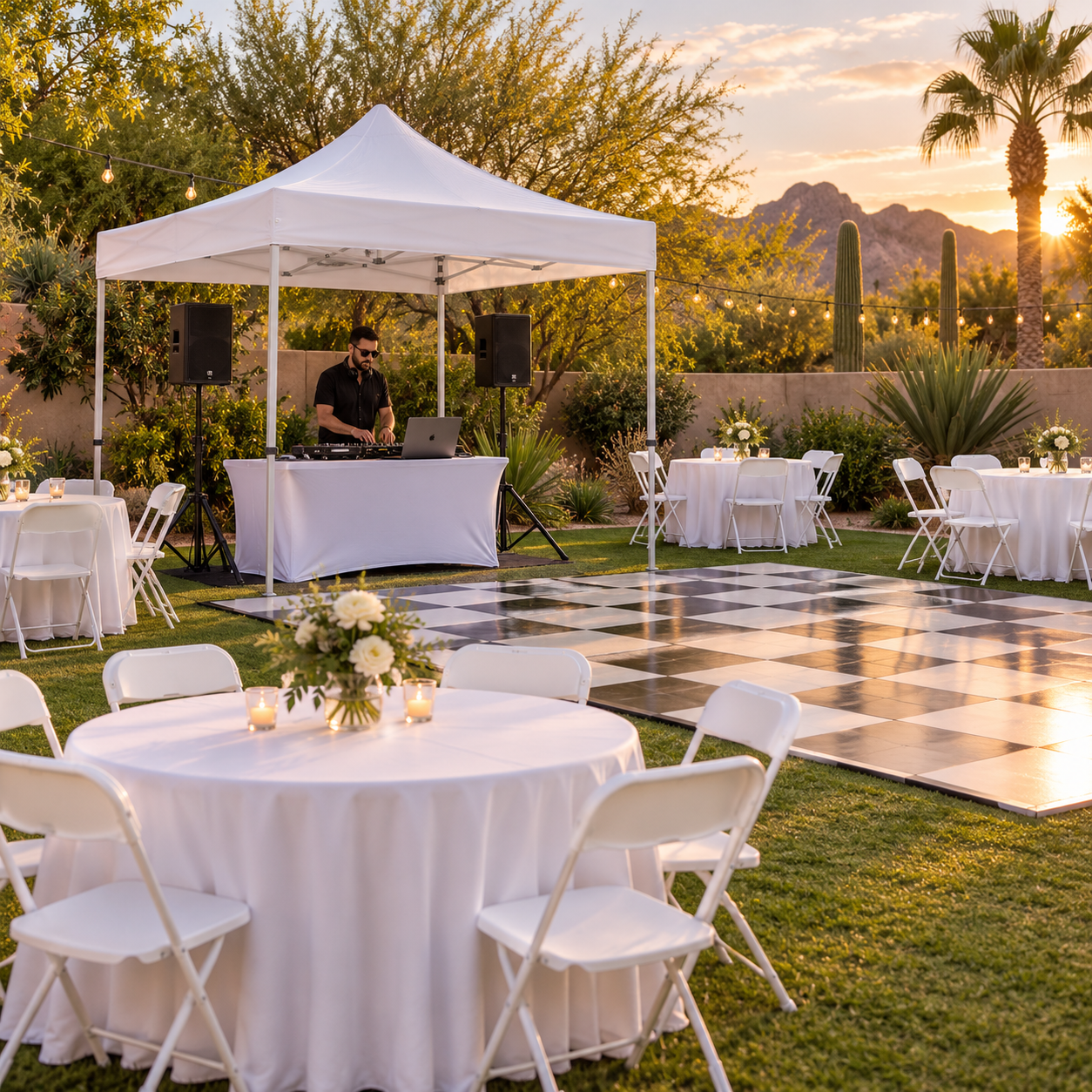 White 10-by-10-foot pop-up canopy covering a DJ beside a checkered dance floor, round tables, and EventRent AZ white folding chairs