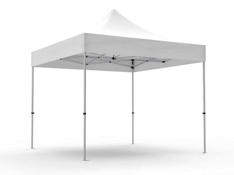 White 10-by-10-foot pop-up canopy with four slim legs and a peaked roof
