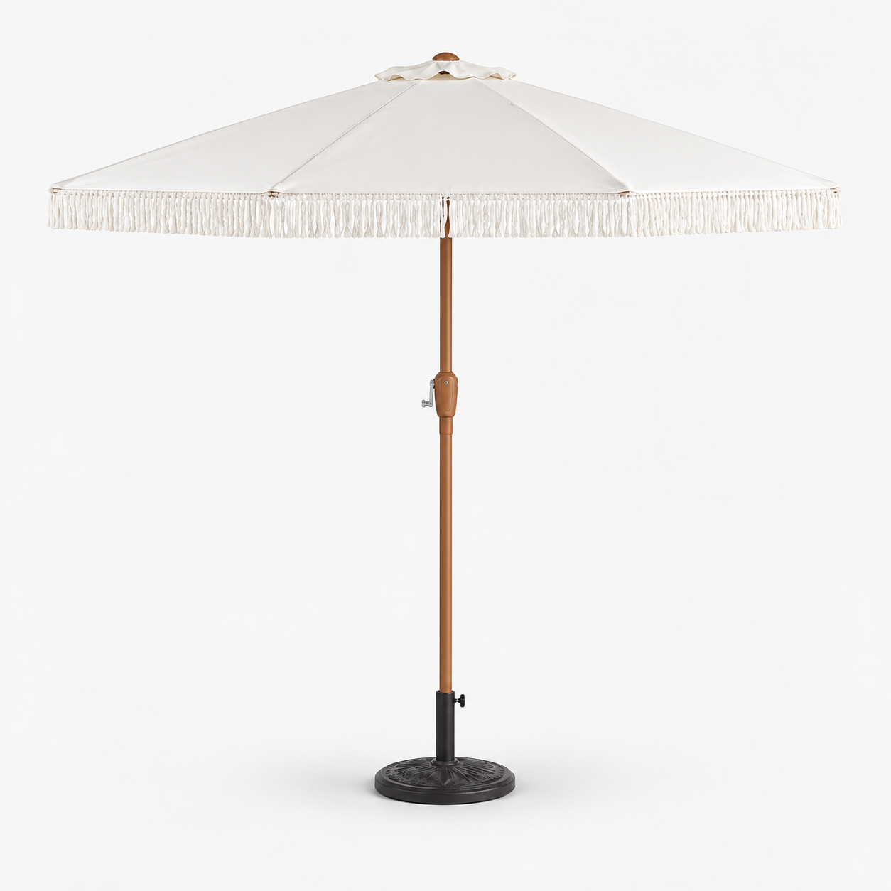 9-foot tiltable white boho fringe umbrella with included weighted base