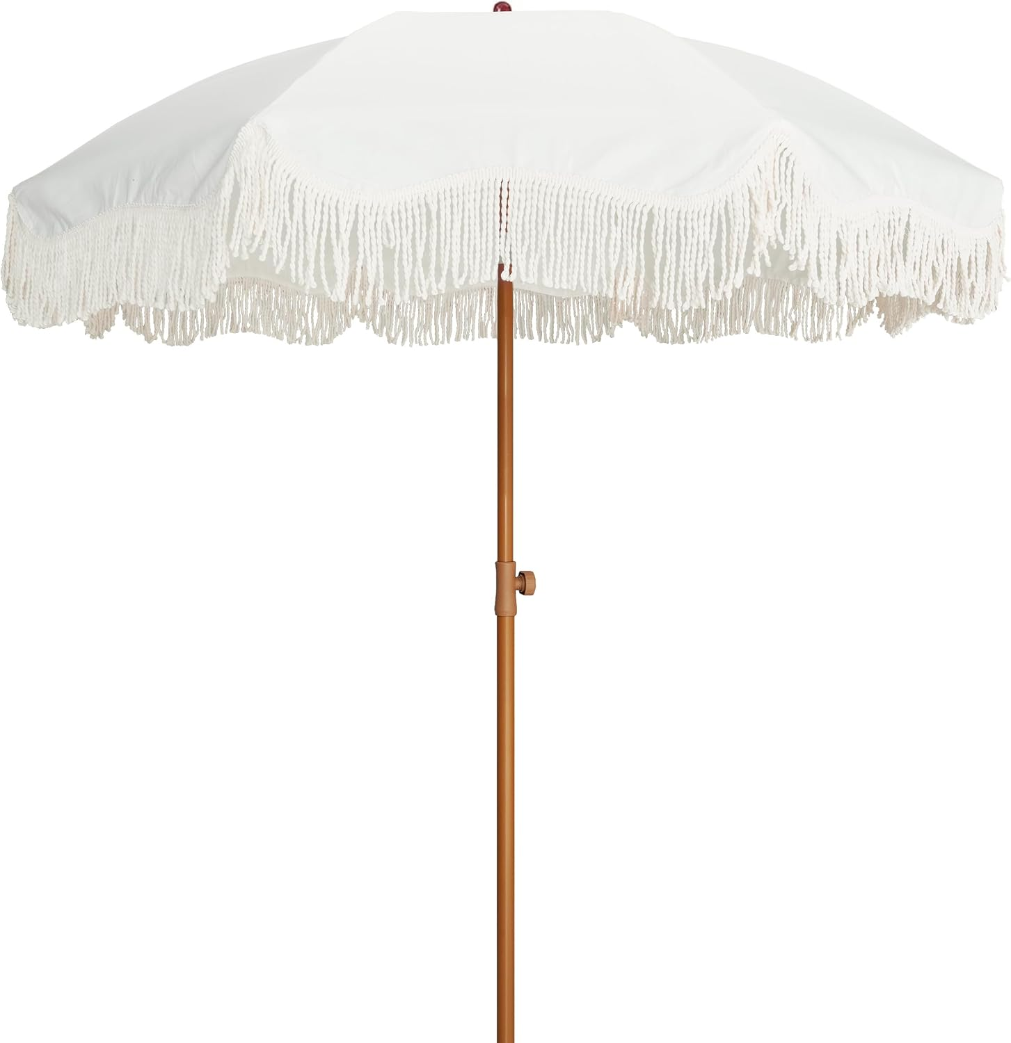 White boho-style outdoor umbrella with decorative fringe and included base